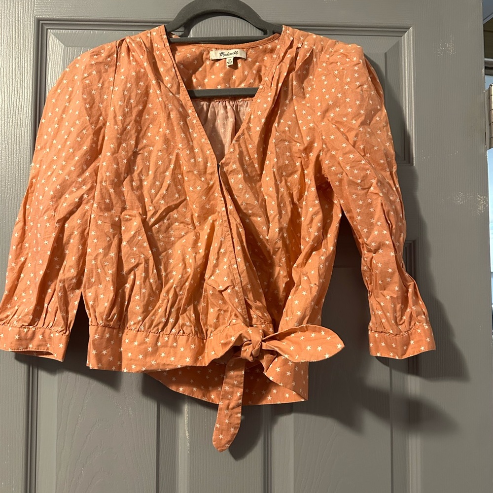 Madewell Orange Star Print Wrap Blouse